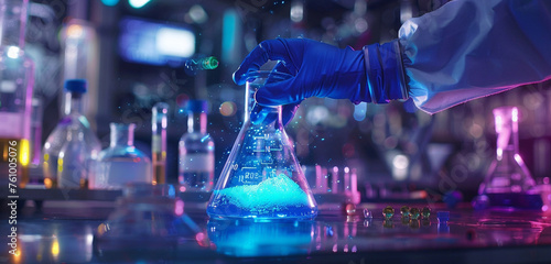 Close-up of space gloves mixing glowing chemicals in a beaker with a vibrant blue light emission, hands visible against a laboratory backdrop