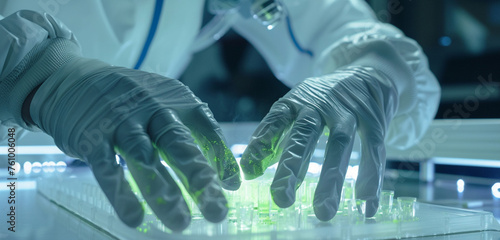 Detailed shot of astronaut gloves applying a small voltage to a gel, watching lime light bands migrate, hands conducting a gel electrophoresis photo