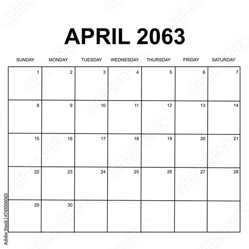 april 2063. monthly calendar design. week starts on sunday. printable, simple, and clean vector design isolated on white background.