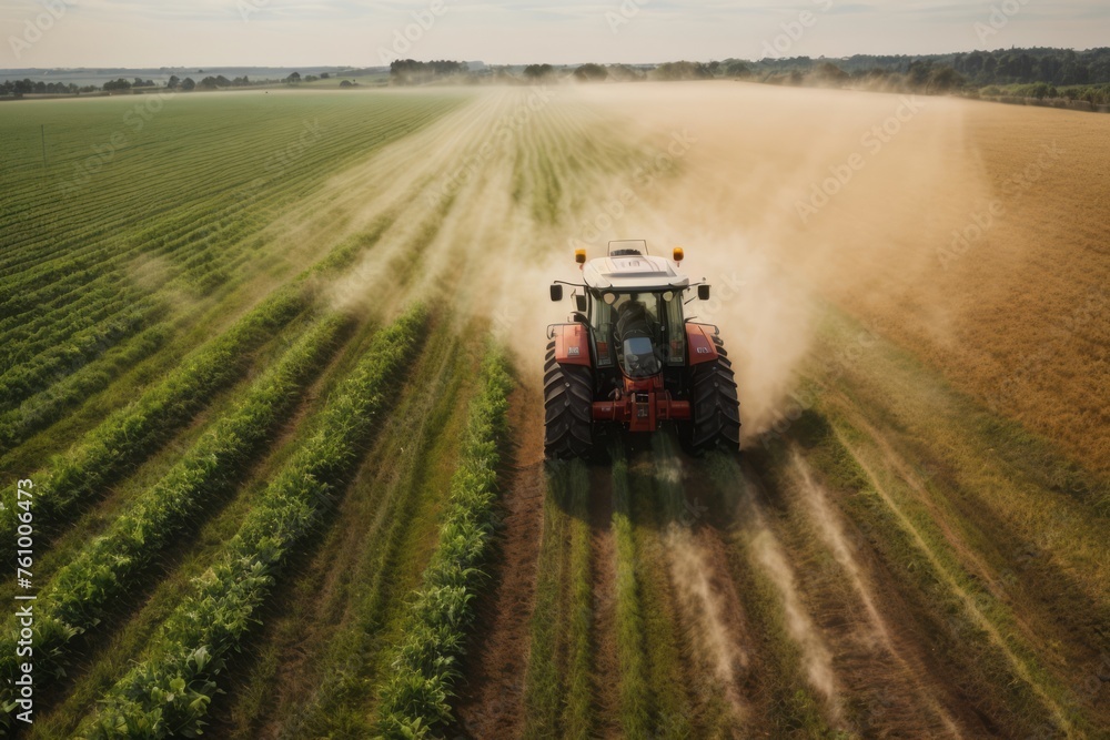 Fototapeta premium Tractor machine spraying pesticide fertilizer on soybean crop farmland. agriculture, farming and harvesting