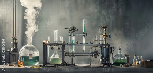 Distillation apparatus where indigo vapor condenses into light green liquid, juxtaposed with a grey, muted background for a sharp contrast, isolated setup