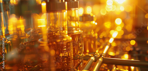 Dynamic shot of a bioreactor with tubes and bottles, cast under the shimmering light of a golden hour. Reflecting the golden opportunities in biotechnological advancements