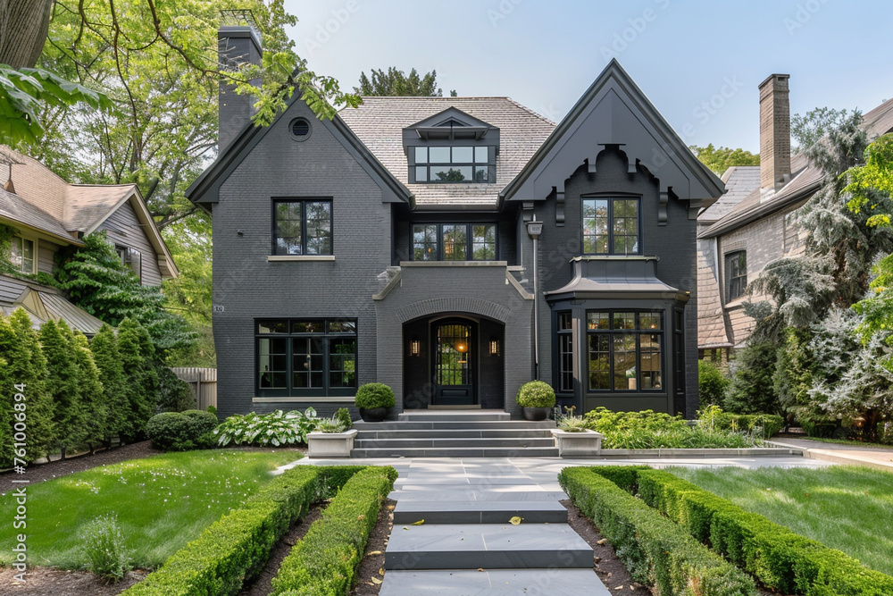 Elegant two-story traditional home, cloaked in a sleek anthracite black with gunmetal grey architectural features. The property boasts a minimalist garden, presenting a modern take on classic design