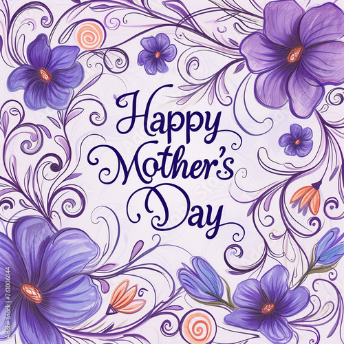 Elegant swirls and floral patterns framing the large and clear "Happy Mother's Day" on a soothing lavender background, aspect ratio