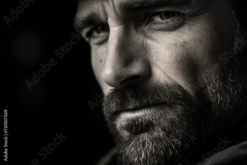 Male Caucasian intense close up portrait in black and white, portrait