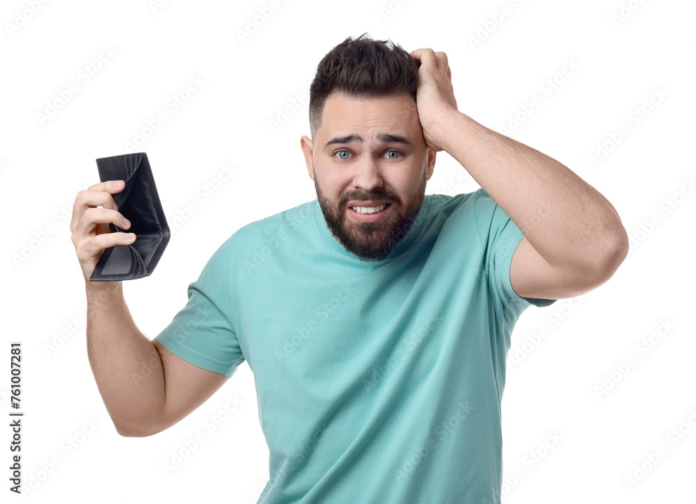 Confused man showing empty wallet on white background Confused man showing empty wallet on white background