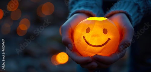 Hands cupping a warm  glowing lantern  with a perfectly shaped paper cut smiling face on its surface  providing light and happiness amidst the cold darkness