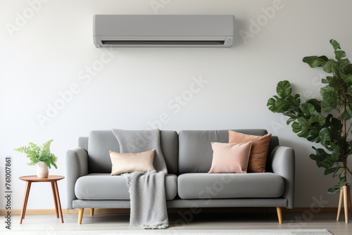 Modern air conditioner on white wall in bedroom with stylish gray sofa