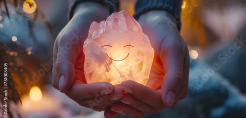 Hands holding a luminous, pink quartz crystal, its facets reflecting a perfect paper cut smiling face, symbolizing love and warmth in winter