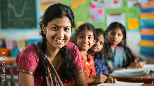 teacher Indian woman smiling in the classroom with their students