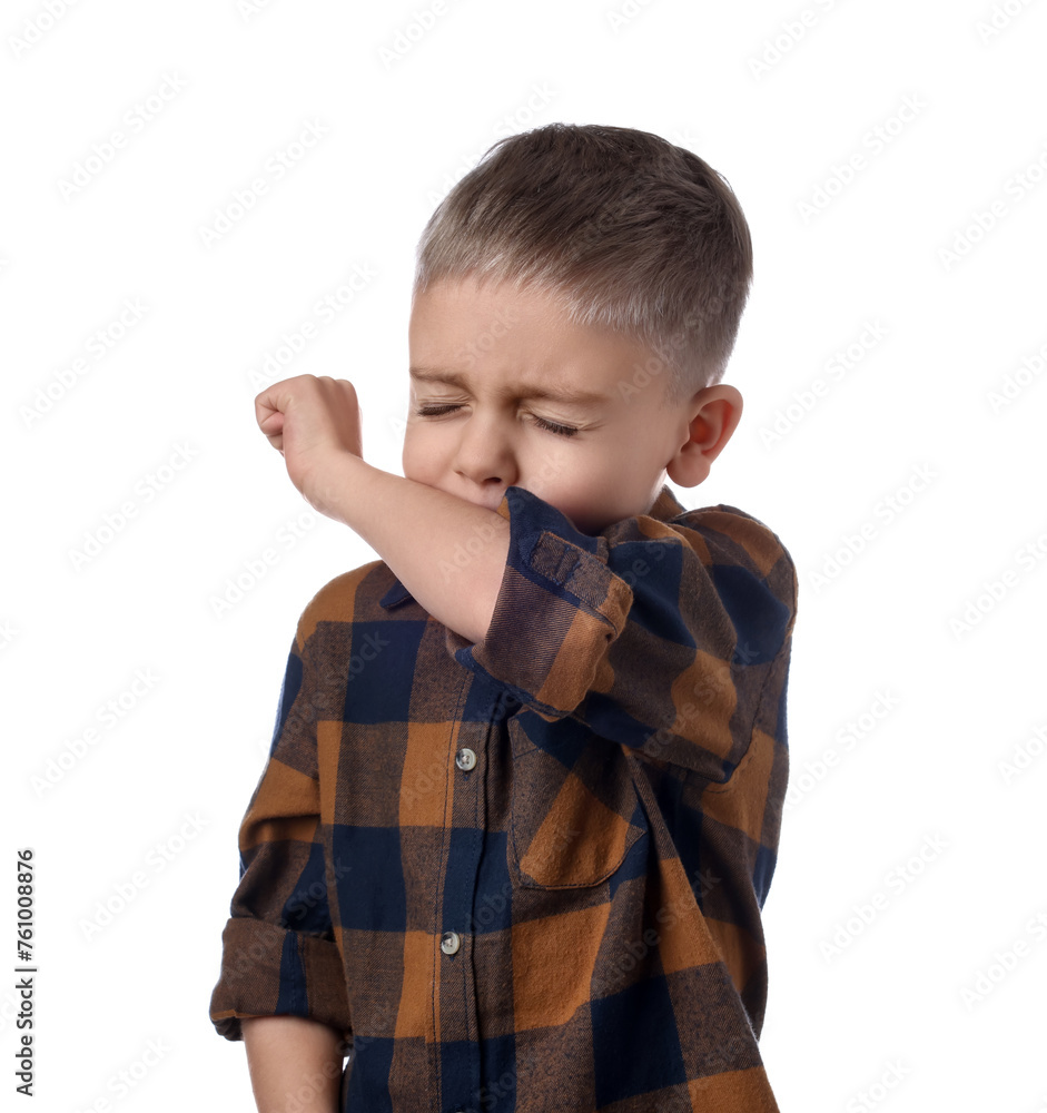 Sick boy coughing on white background. Cold symptoms Sick boy coughing on white background. Cold symptoms
