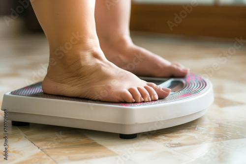 Close-up of fat woman's feet on a digital bathroom scale photo