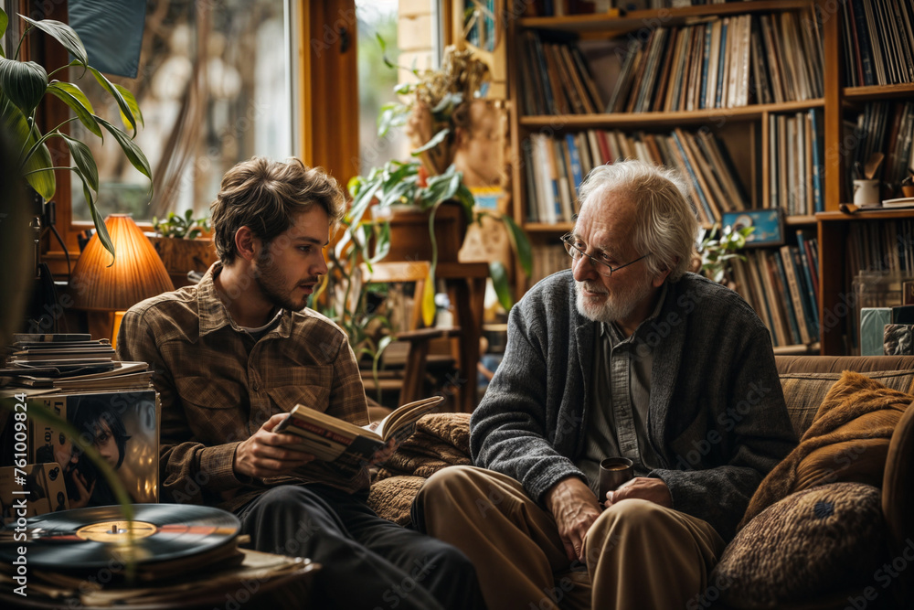 A young adult and elderly man share a warm conversation in a cozy room filled with books