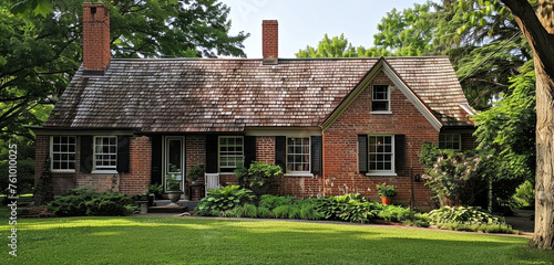 Exterior view of a quaint 19th-century brick cottage with a gable roof, located in a serene suburban setting