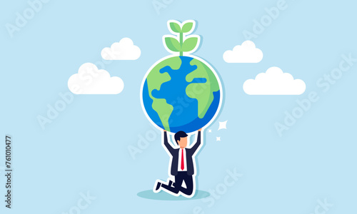 Addressing climate change and global warming is a shared responsibility. World leaders commit to preserving our planet as depicted by businessman in an Atlas pose carrying a green globe seedling plant
