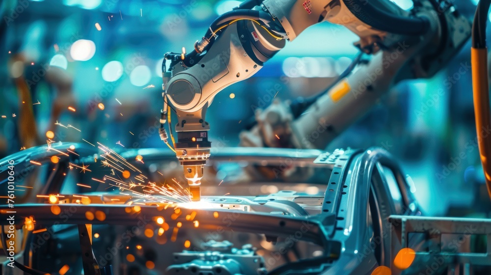 AI robot arm welding in a factory, assembling cars and in mass products
