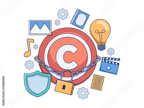 Illustration of copyright Protection, depicted various creative works safeguarded copyright. 
Patents and intellectual property protection law and rights.