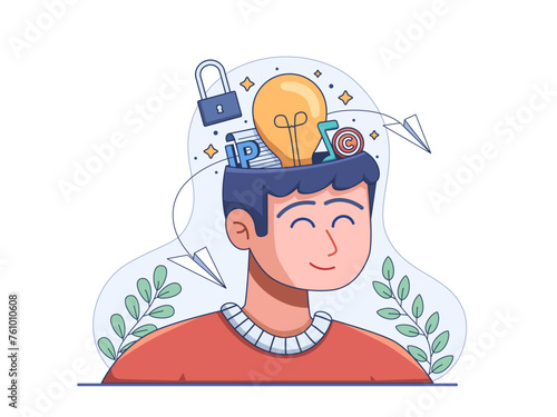 Illustration intellectual property with a cheerful man brimming with creative ideas in his head.
Intellectual Property concept illustration on creative mind of people.