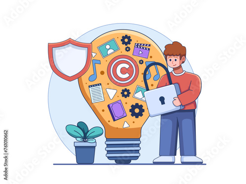Illustration of intellectual property protection featuring various creative works housed within a lightbulb symbolizing innovation and ideas, and a person holding a big padlock symbolizing protection
