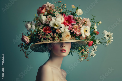 Portrait of a woman adorned with an extravagant hat blooming with colorful flowers photo
