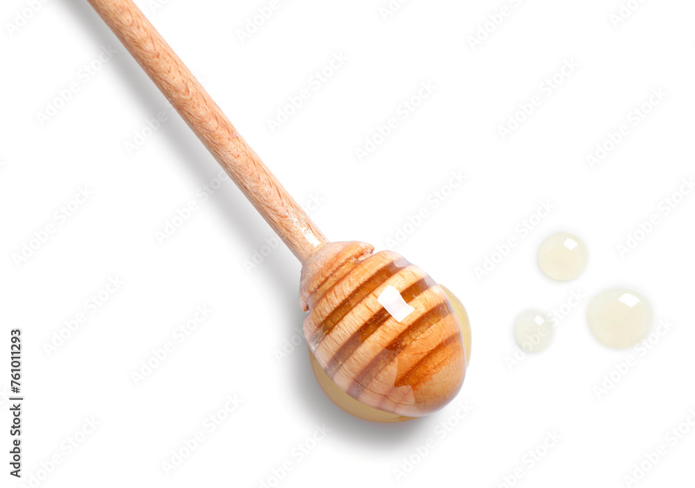 Tasty natural honey and dipper on white background, top view Tasty natural honey and dipper on white background, top view