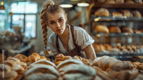 A blonde woman works in a bakery, wearing a short-sleeved blouse and apron, focused and professional.