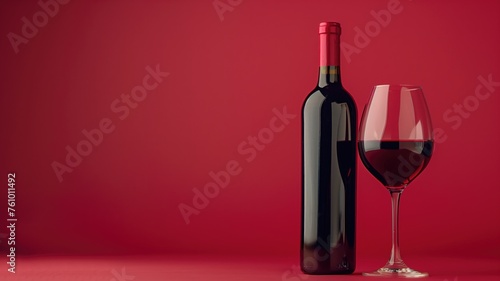 A sleek bottle and glass of red wine on a red backdrop