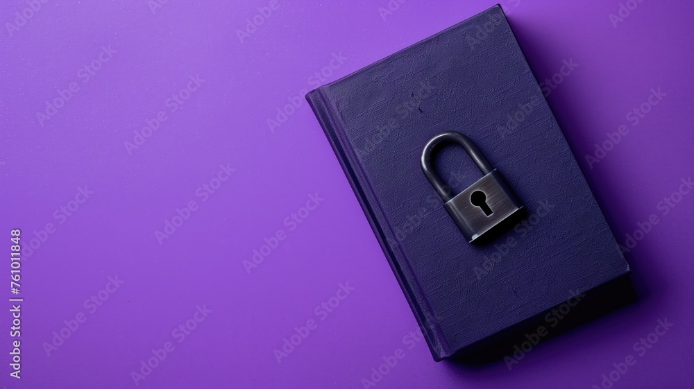 A padlocked book on a purple background symbolizing secured knowledge A padlocked book on a purple background symbolizing secured knowledge