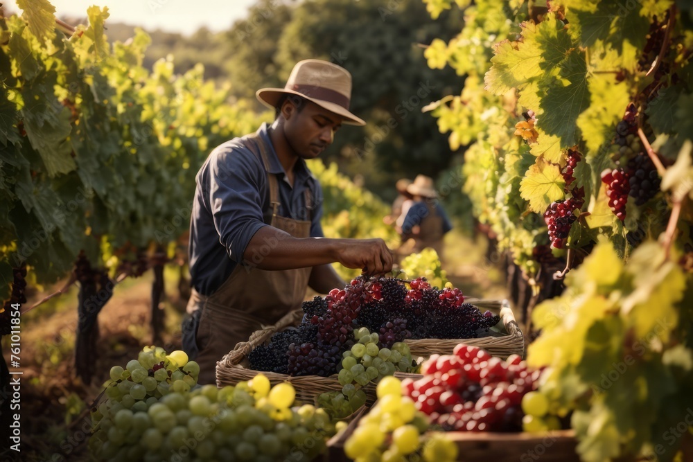 Grape farmer harvest grapes in the vineyard Grape farmer harvest grapes in the vineyard