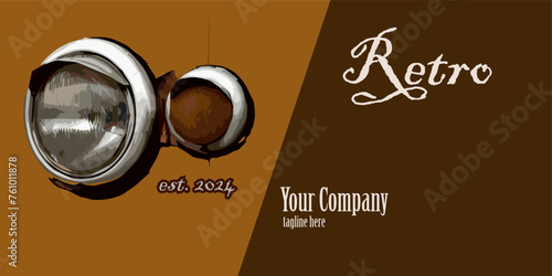 Round car headlights and turn indicators. Vintage Vector Illustration isolated on brown background