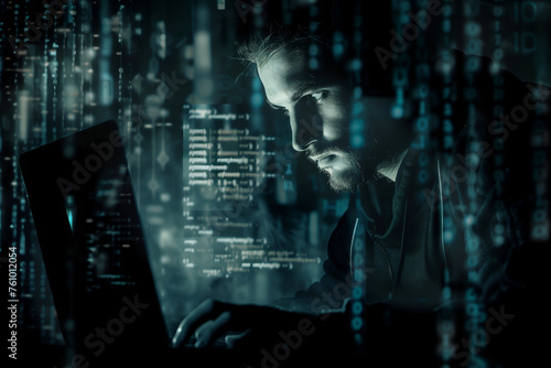 Intense male hacker coding with laptop in a dark, digital data stream environment