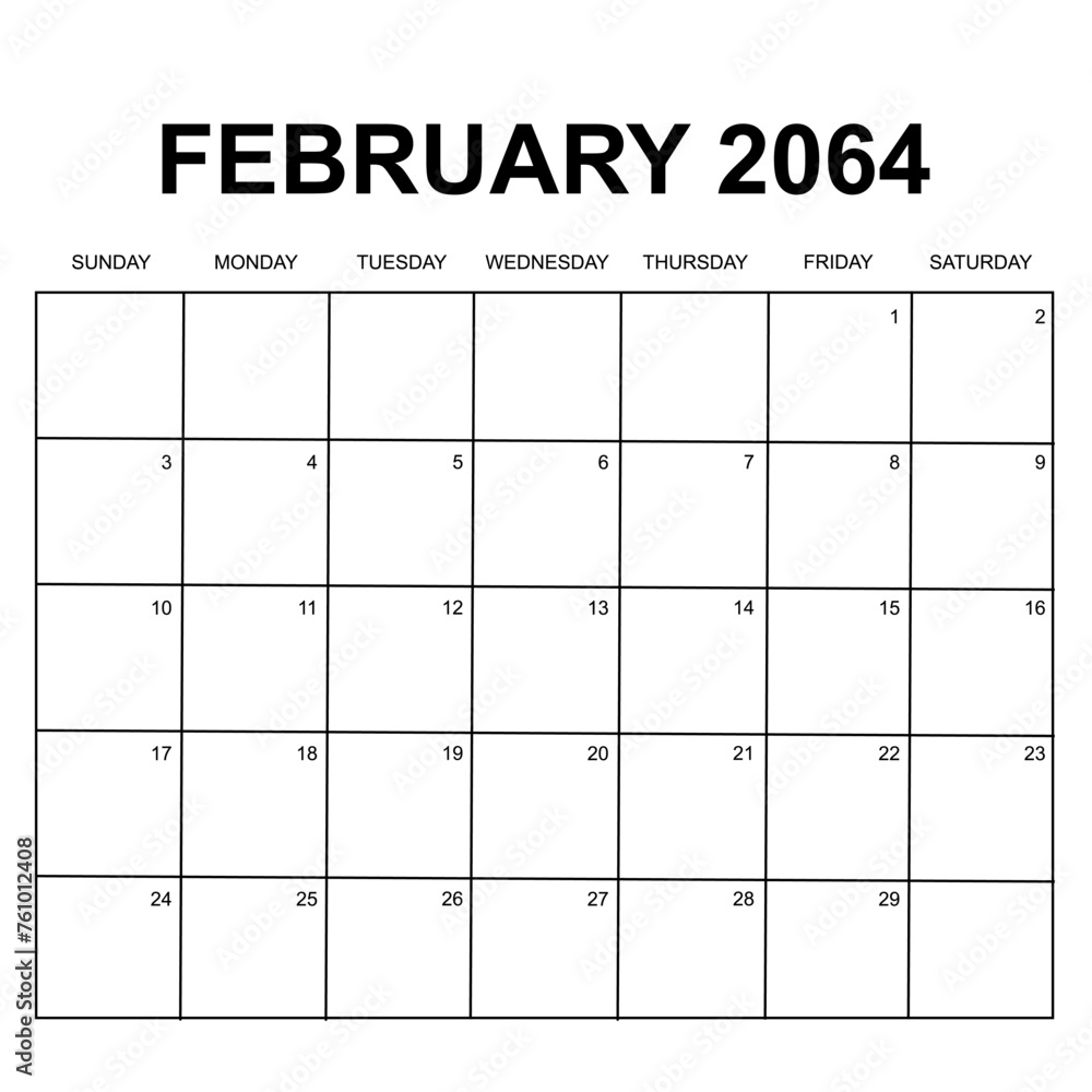february 2064. monthly calendar design. week starts on sunday. printable, simple, and clean vector design isolated on white background. - obrazy, fototapety, plakaty 
