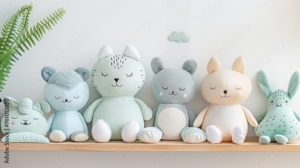 Assorted plush toys arranged neatly on a wooden shelf against a white background, evoking a sense of childhood innocence Assorted plush toys arranged neatly on a wooden shelf against a white background, evoking a sense of childhood innocence