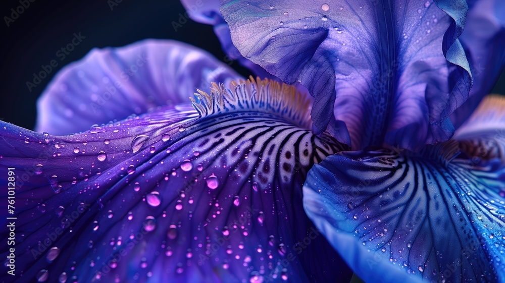 A macro shot of a blue iris petal with water droplets, exuding freshness and tranquility - obrazy, fototapety, plakaty 