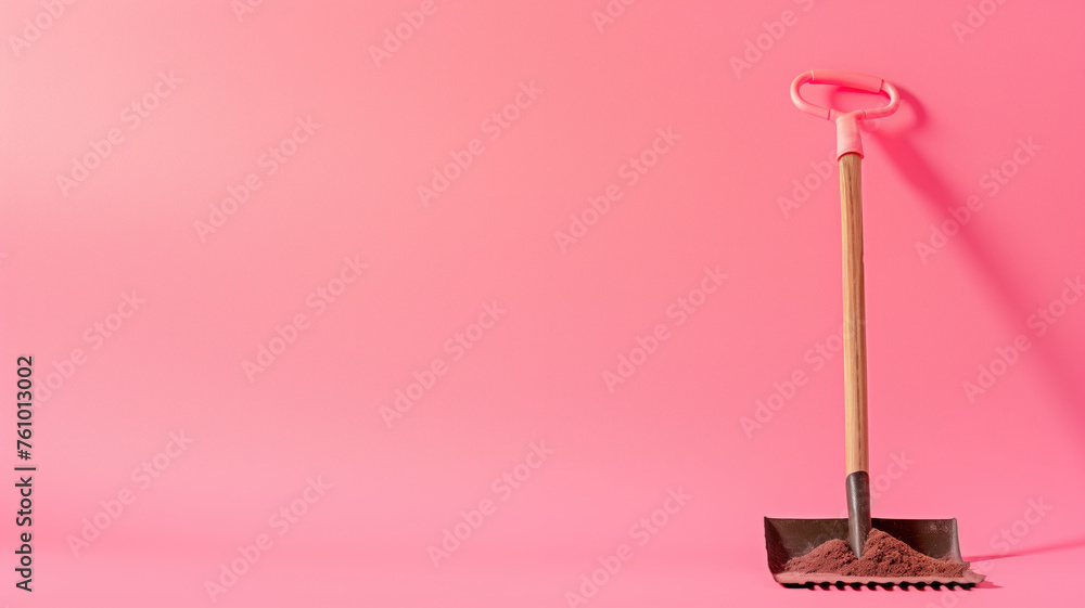 A pink shovel and broom set on a vibrant pink background, symbolizing cleaning and tidiness A pink shovel and broom set on a vibrant pink background, symbolizing cleaning and tidiness