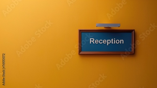 A minimalist 'Reception' sign mounted on a brightly colored yellow wall, suggesting a welcoming entrance