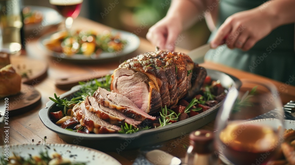 A succulent roast beef served on a dining table, paired with red wine, creating an elegant meal atmosphere