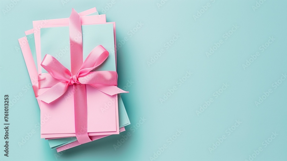 A stack of pink gift envelopes tied with a satin ribbon on a light turquoise background A stack of pink gift envelopes tied with a satin ribbon on a light turquoise background
