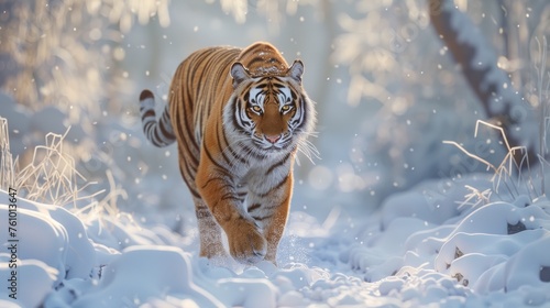 Illustration a tiger walking in the cold winter. AI generated.