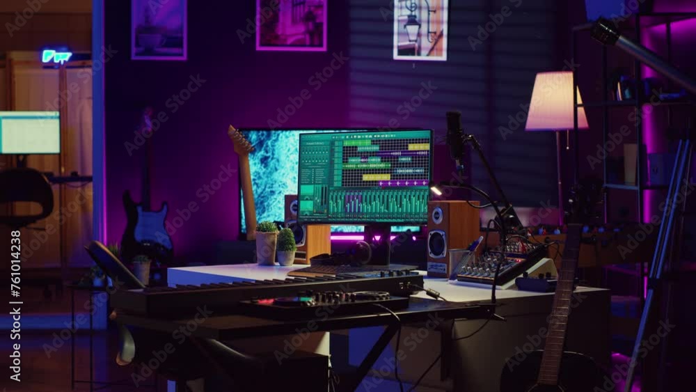 Empty home studio filled with recording and mixing instruments, electronic devices and daw software used for music production and acoustics. Modern bright space with soundboard panel. Camera A. Empty home studio filled with recording and mixing instruments, electronic devices and daw software used for music production and acoustics. Modern bright space with soundboard panel. Camera A.