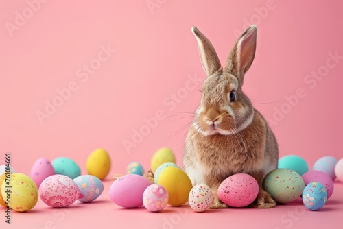 Easter bunny and colorful eggs on pink background. Easter concept, sunny day