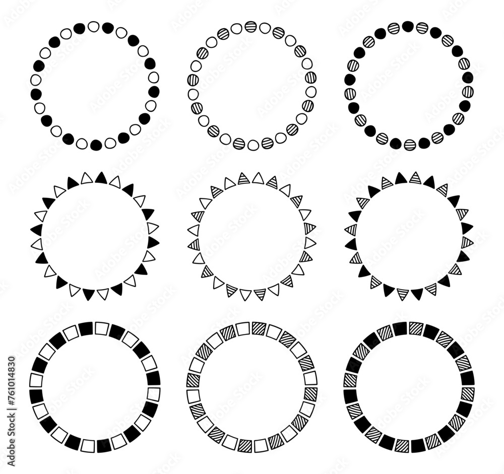 手書きのシンプルな模様の円形フレームセット、装飾フレーム