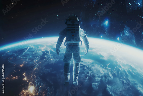 Surreal image of an astronaut serenely floating in orbit above earth's atmosphere