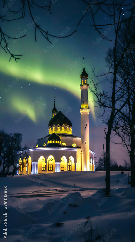 Mosque with minaret in northern at the night with aurora