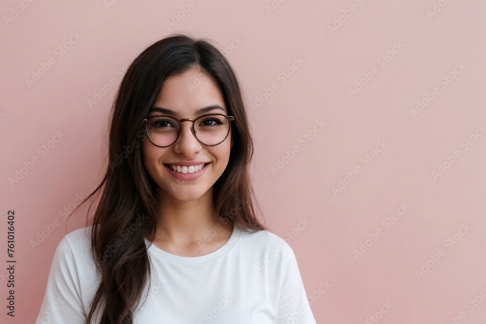 Young Brazilian woman wearing glasses and a white shirt, smiling and looking at the camera, standing on a pink background with copy space. Young Brazilian woman wearing glasses and a white shirt, smiling and looking at the camera, standing on a pink background with copy space.