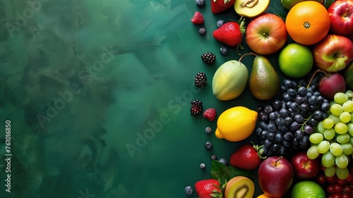A colorful array of fresh fruits artistically arranged on a dark green surface