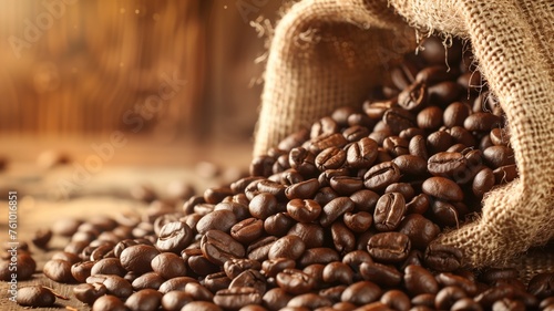 Burlap sack overflowing with rich coffee beans © Татьяна Макарова