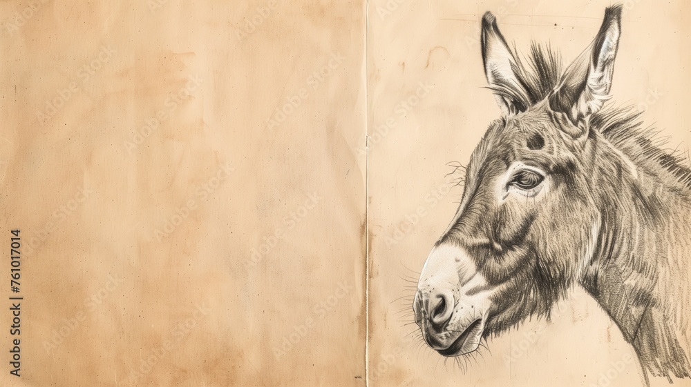 Artistic sketch of a donkey on vintage paper, capturing the animal's calm demeanor in detailed pencil strokes