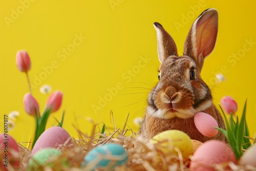 Easter bunny and colorful eggs on yellow background. Easter concept, sunny day