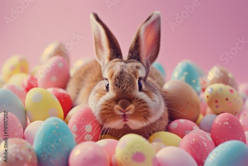 Easter bunny and colorful eggs on pink background. Easter concept, sunny day
